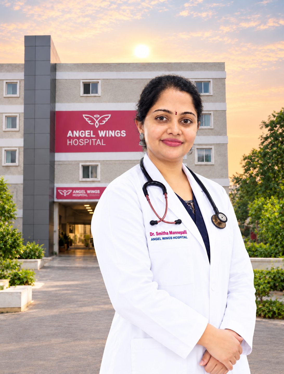 Dr. Smitha Mannepalli, Obstetrician & Gynecologist, outside Angel Wings Hospital