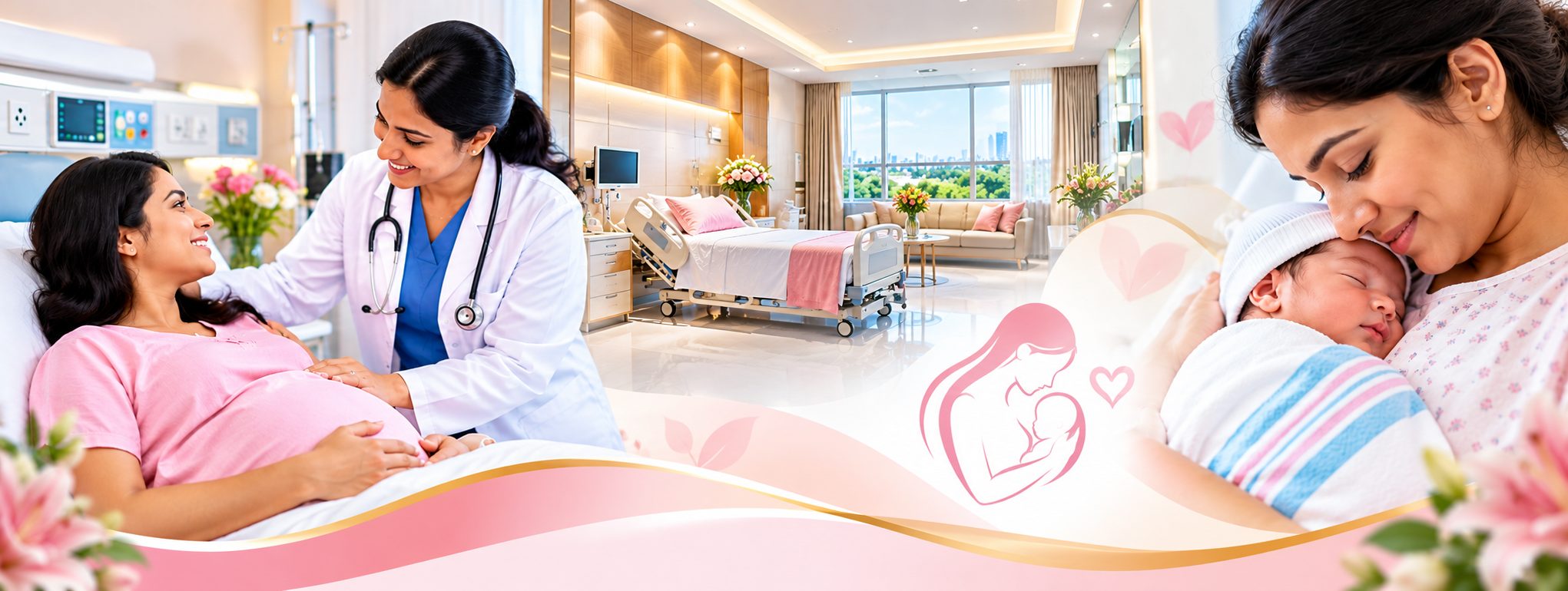 Gynecologist caring for an expectant mother, and a mother holding her newborn at Angel Wings Hospital