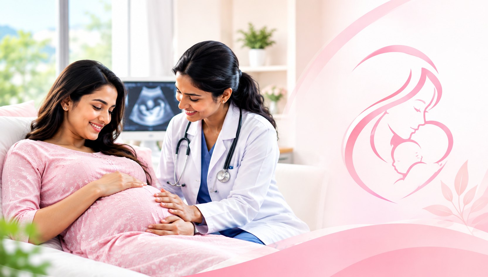 Caring gynecologist with a smiling expectant mother during a maternity check-up