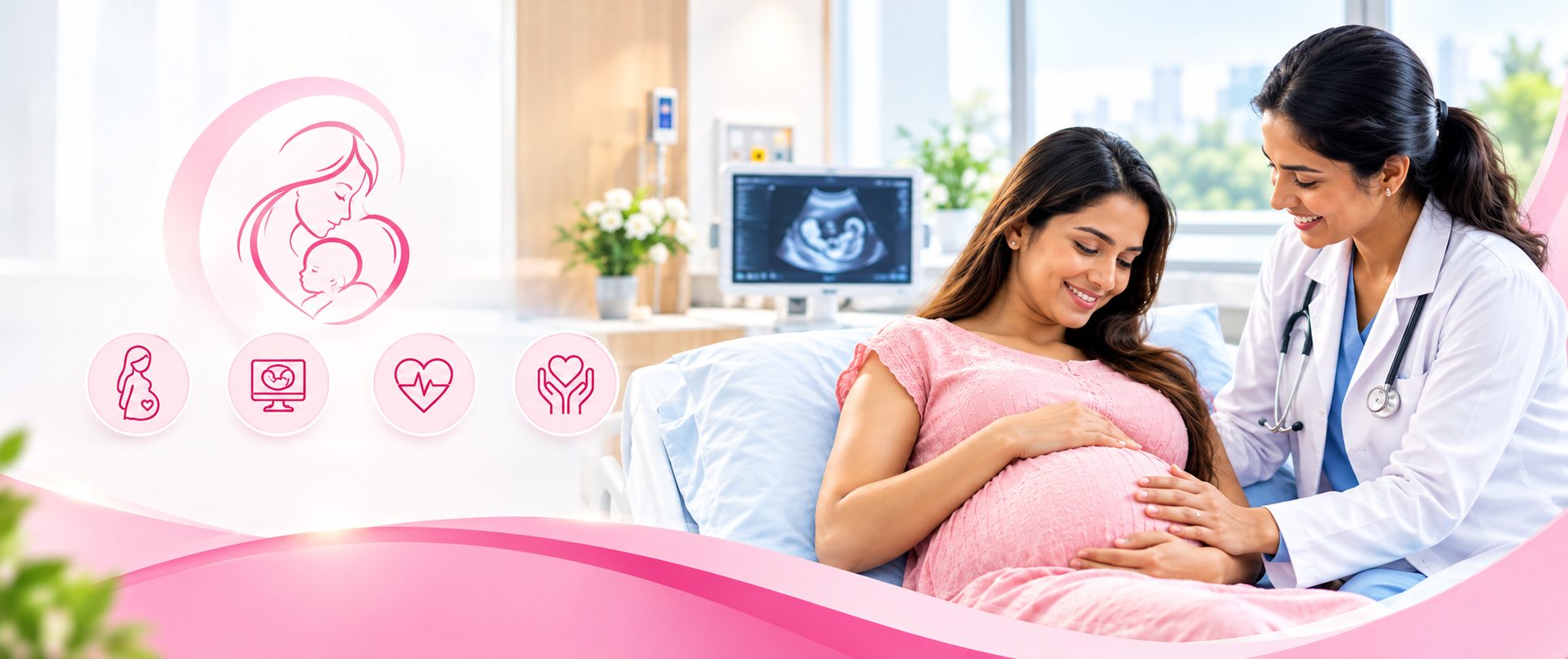 Gynecologist gently examining a smiling expectant mother at Angel Wings Hospital