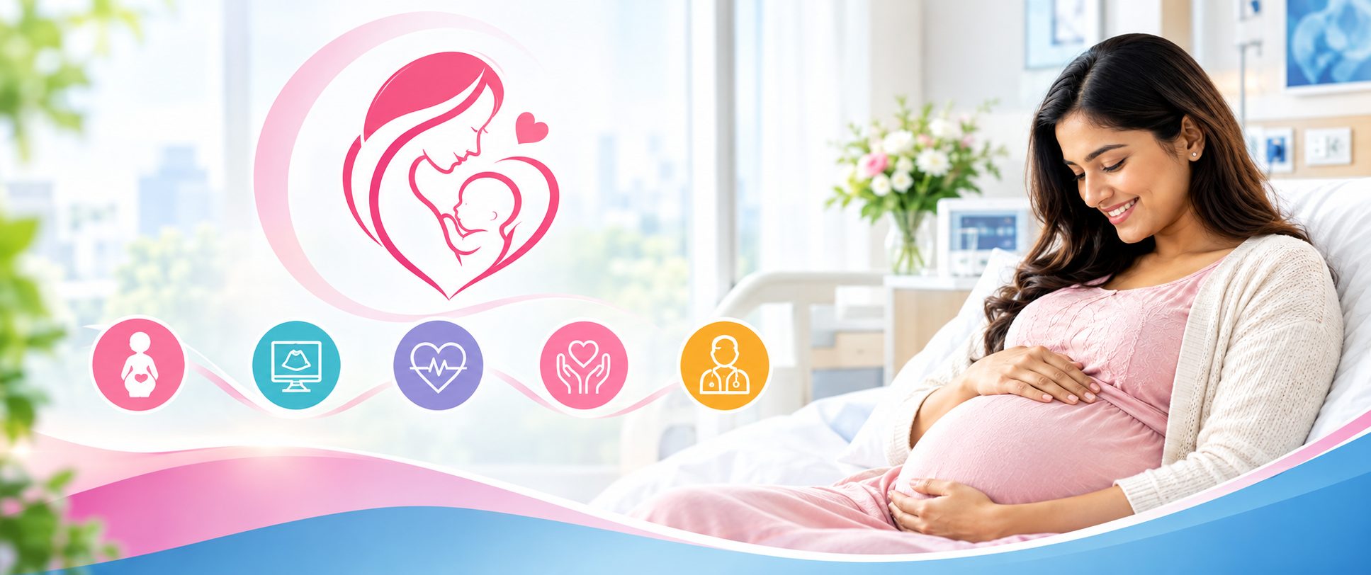Smiling expectant mother resting in a bright hospital room